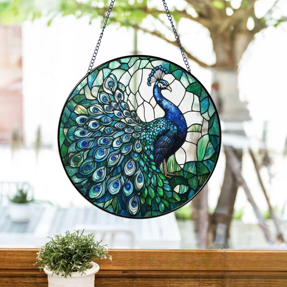 Peacock Flower Stained Glass Suncatcher, Peacock Window Hanging, Bird Lover Wall Decor