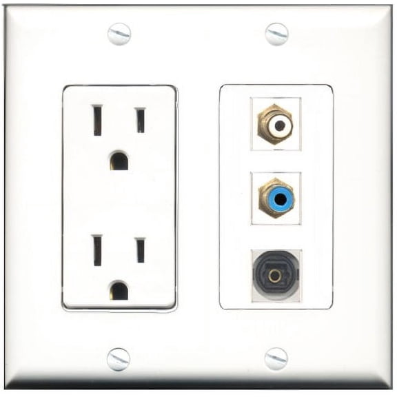 RiteAV - 15 Amp Power Outlet 1 Port RCA White 1 Port RCA Blue 1 Port Toslink Decorative Wall Plate