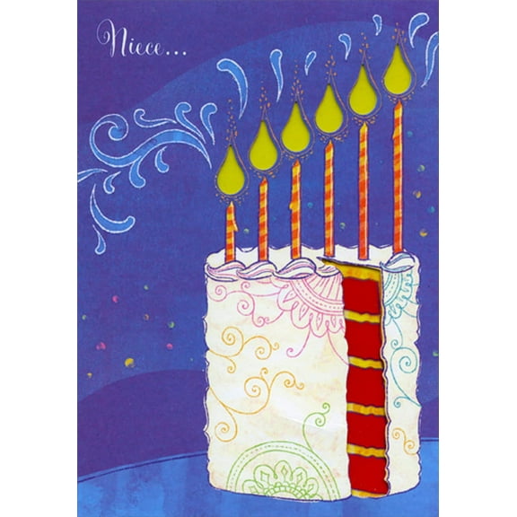 Designer Greetings Cake with Die Cut Window Slice and Candle Flames Niece Birthday Card