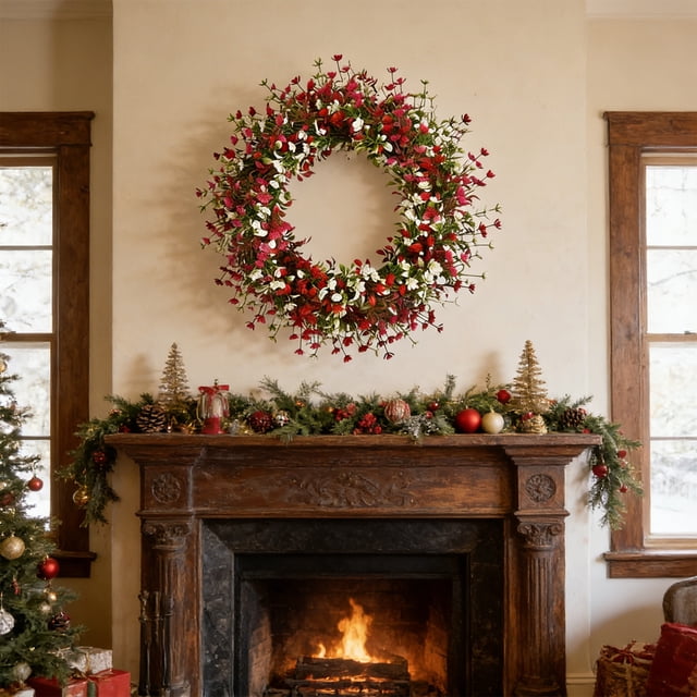 2026 Spring Kids Breath Camellia Wreath 17.71In Delicate Visual Appearance Dry Environment Storage All Season Display Feature Ornament for Home Garden Gate Front Door Mantel Festival Decor