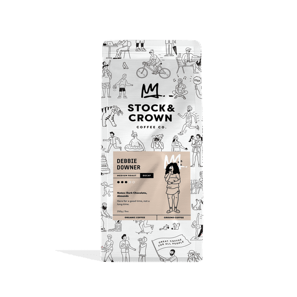 Stock and Crown Coffee - Decaf Roast - 250g Ground Coffee - Organic and Fair Trade - Debbie Downer, Debbie Downer - Decaf Roast - Ground Coffee 250g