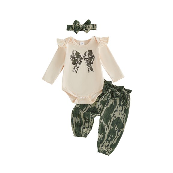 RUINIXCW Baby Girl Fall Outfits Bow Print Long Sleeve Romper Camouflage Pants and Bow Headband 3 Piece Set
