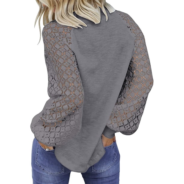 Sonducket Blusa de manga larga de encaje para mujer Camiseta de color sólido con cuello de encaje Prendas para la parte del cuerpo Gris XXL