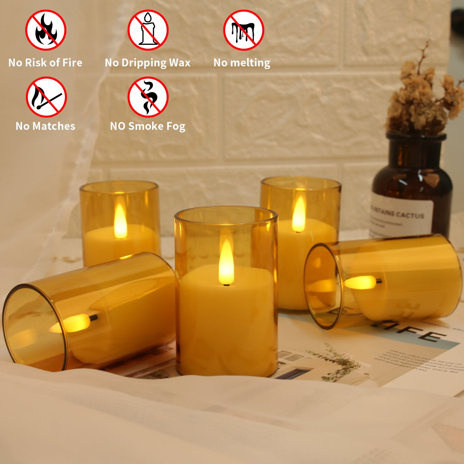6Pack Glass Flickering Flameless Candles with Remote, 2"X3" Real Wax Votive Candles Battery Operated, Small Electric LED Candles for Wedding Home Decor, w/4 Timers+2 Lighting Modes [Gold]