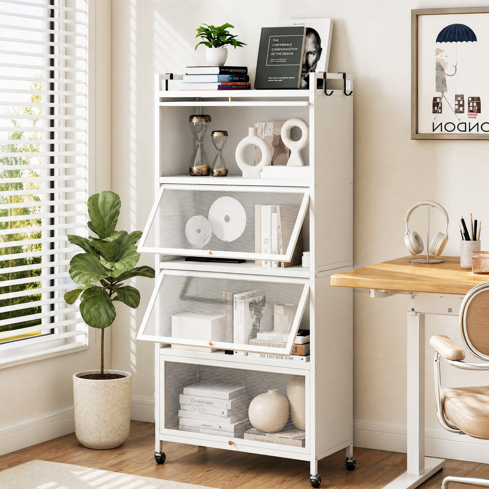 Furnibear 5 Tier Kitchen Storage Cabinet with 4 Flip Up Doors Rolling Wheels and Hooks Tall Metal Pantry for Kitchen and Garage, White