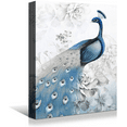 thumbnail image 1 of Rosework Framed Canvas Wall Art, 16x24 Inch, Blue Peacock on White Background, Made In USA, 1 of 6