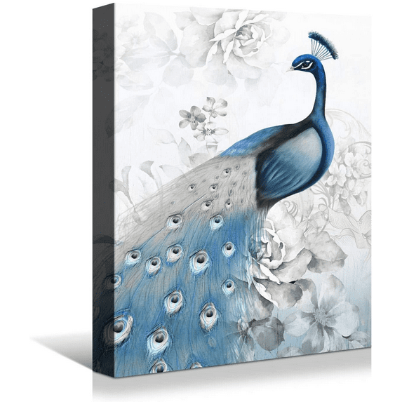 Rosework Framed Canvas Wall Art, 16x24 Inch, Blue Peacock on White Background, Made In USA