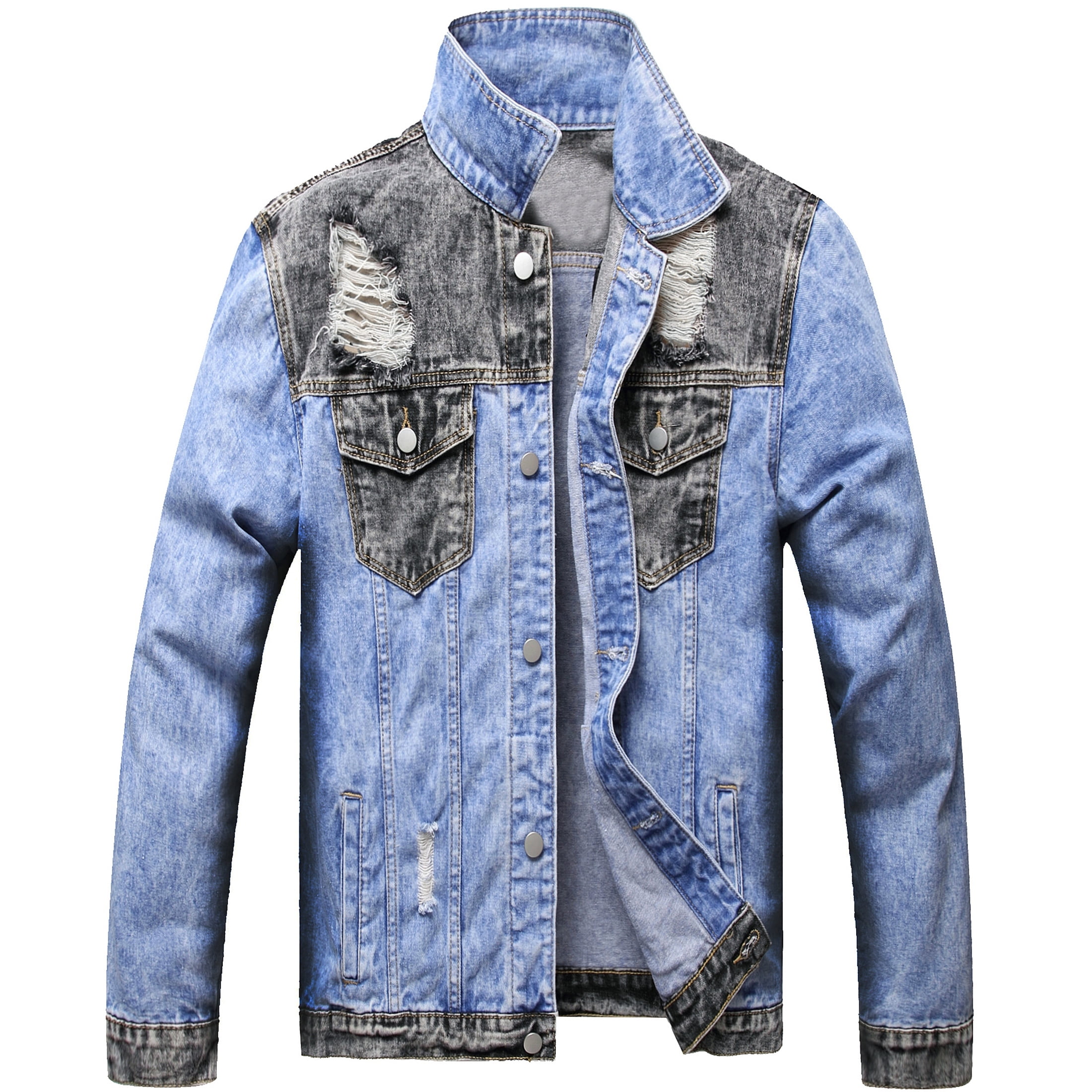 Men Patchwork Blue Ripped Denim Jacket 
