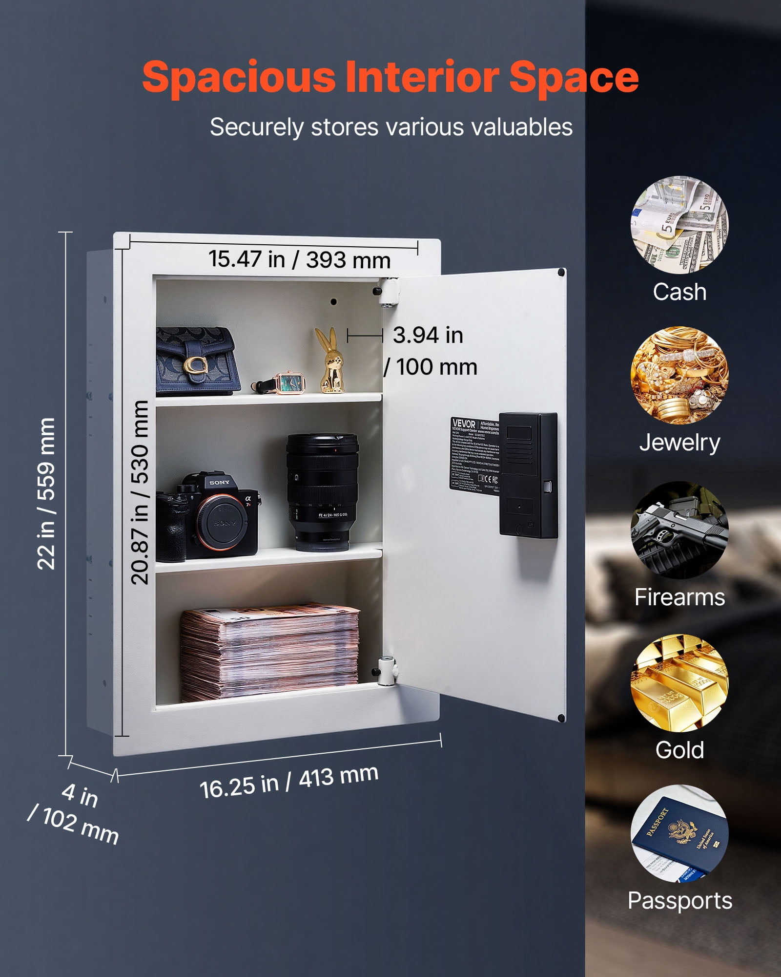 VEVOR 0.83 sq.ft Wall Safe, 3-Tier Hidden Wall Safe with Password, Key & Turning Knob, Q235 Cold-Rolled Steel In-Wall Box with Adjustable Shelves & Mounting Holes for Money, Jewelry, Passport, White