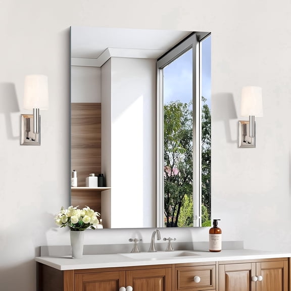 VONIGEE 28x40 Inch Frameless Bathroom Mirror, Rectangle Wall Mirror with Polished Edge, Vanity Mirrors for Bathroom, Bedroom, Living Room, Hangs Horizontally or Vertically