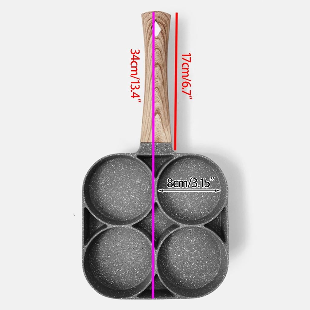 WE-POLUJ 4 Holes Egg Frying Pan Breakfast Burger Steak Non Stick Cooker with Wood Handle