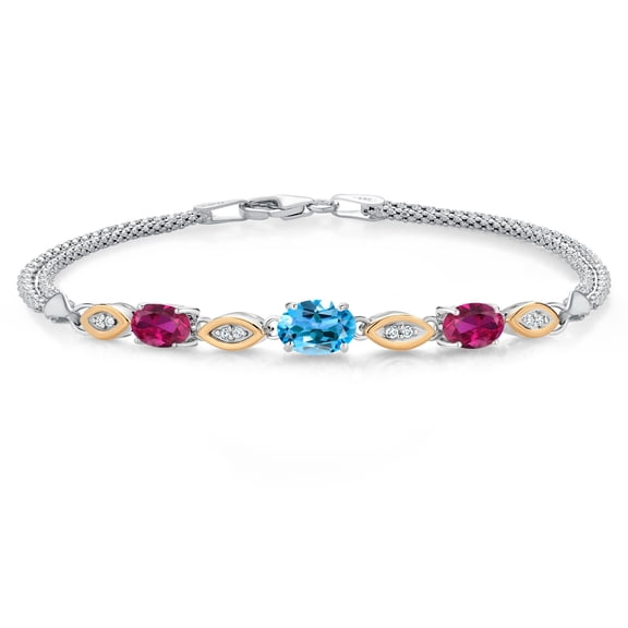 925 Silver and 10K Yellow Gold Swiss Blue Topaz and Red Created Ruby and White Lab Grown Diamond Bracelet for Women (2.06 Cttw, Gemstone November Birthstone, Oval, Wheat Chain, 6.5 inches)