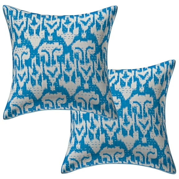 Stylo Culture Ethnic Settee Sofa Throw Pillow Covers 16x16 Kantha Turquoise Printed 40 x 40 cm Home Decor Accent Pillowcase Cotton Ikat Square Cushion Covers | Set Of 2