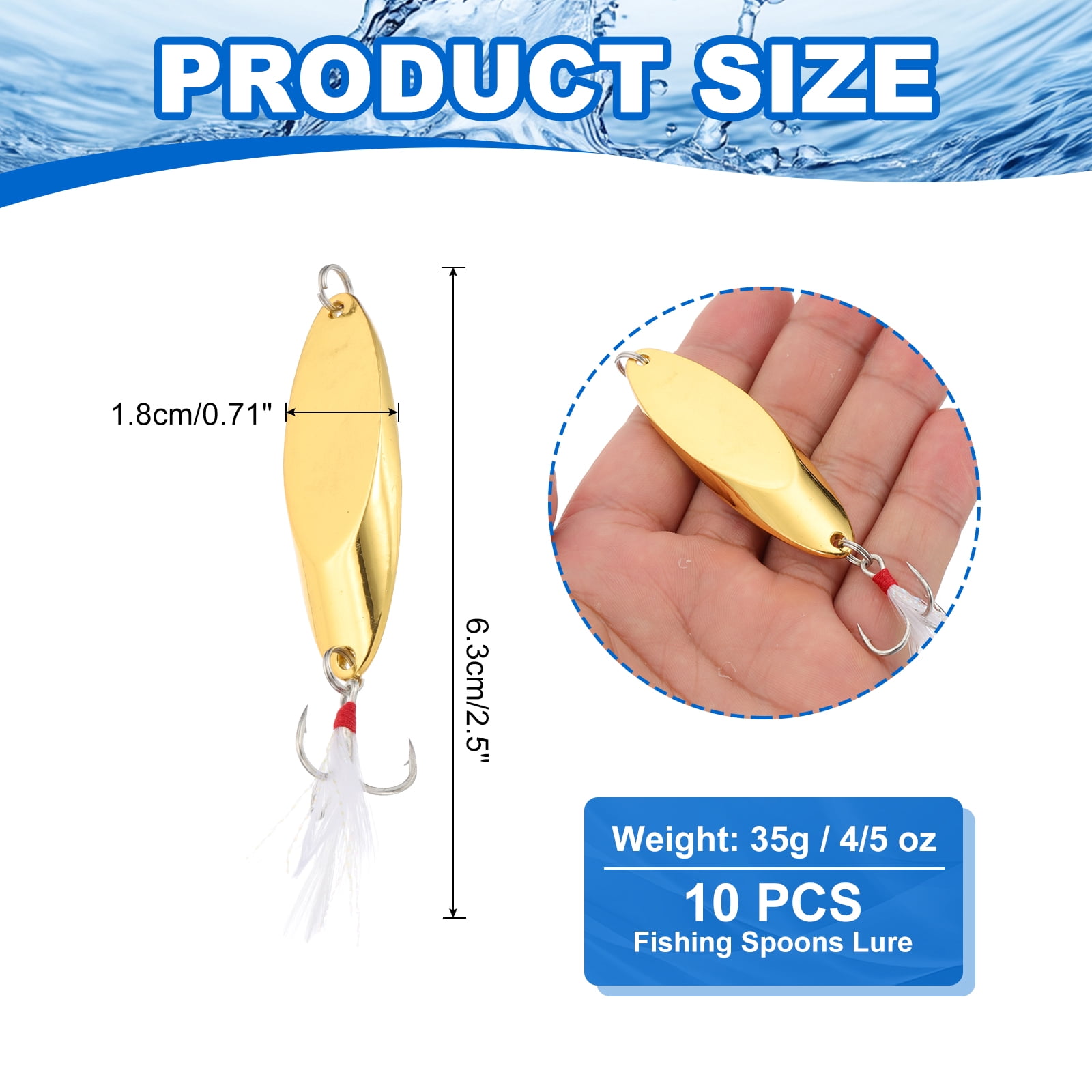 Uxcell Fishing Spoons, 10 Pcs 4/5 oz Fishing Lures Casting Spoon Treble Hooks Jigs Hard Metal Spinner Baits for Freshwater Saltwater Salmon, Gold Tone