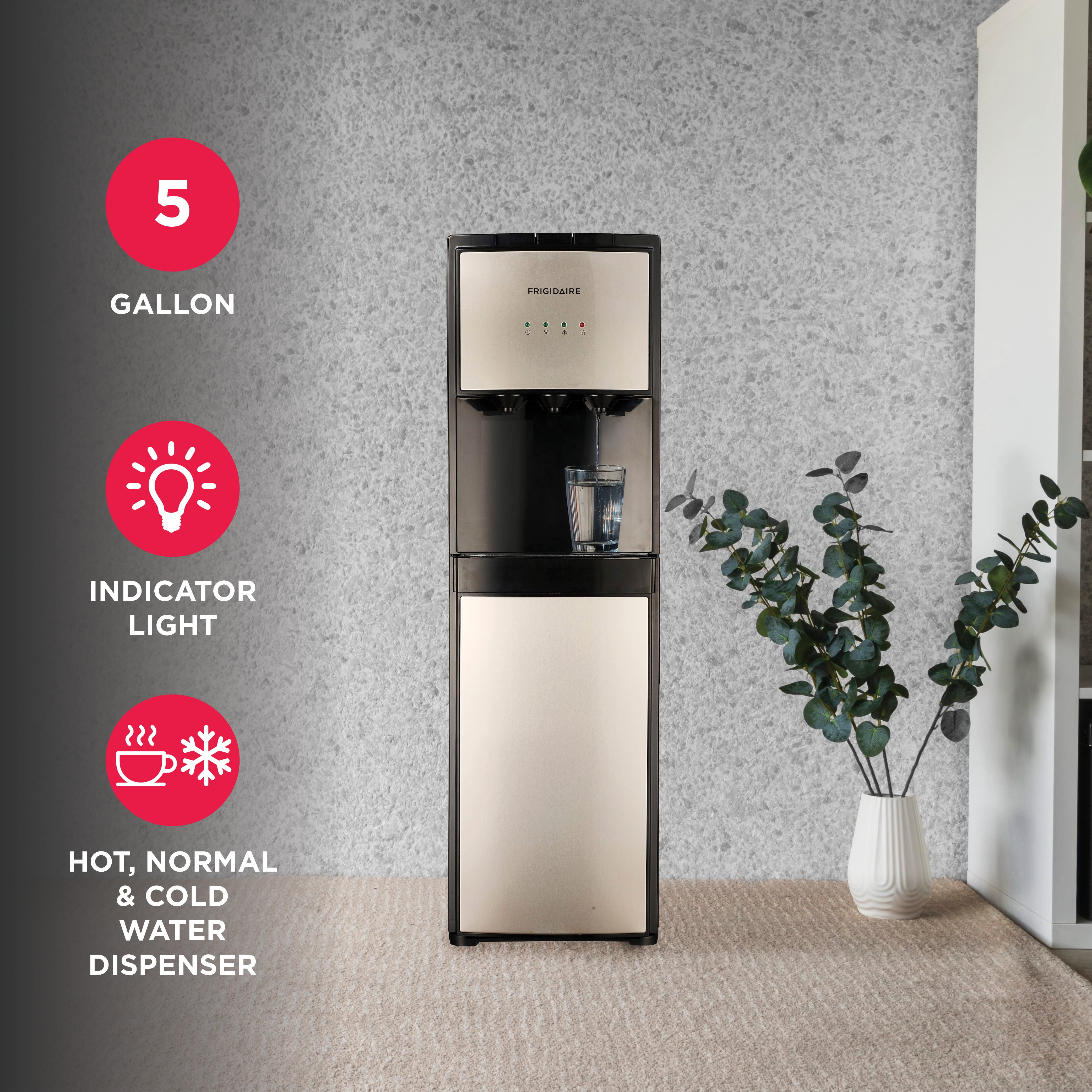 Frigidaire 5 Gallon Bottom Loading Hot and Cold Water Cooler Dispenser, Stainless Steel, EFWC505