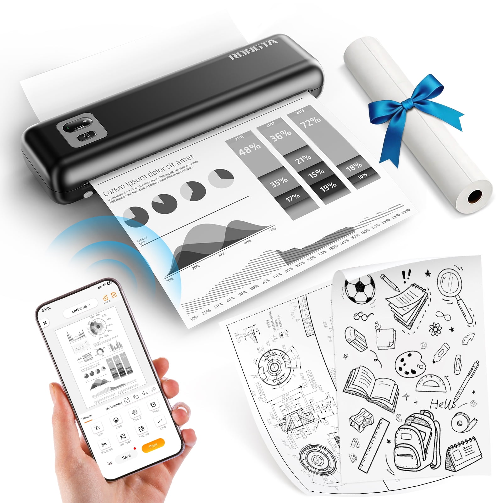 RONGTA F82A Wireless A4 Thermal Printer, Portable Document Printer with Built-in Paper Tray for Office, Home and Travel, Black