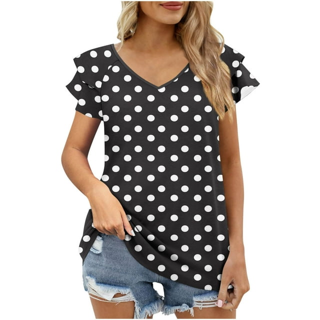 Camisas de Cuello de Tripulación de Manga Corta para las Mujeres Plisado Mangas de Ruffle, Cuello Redondo Casual Primavera Y Blusa de Verano