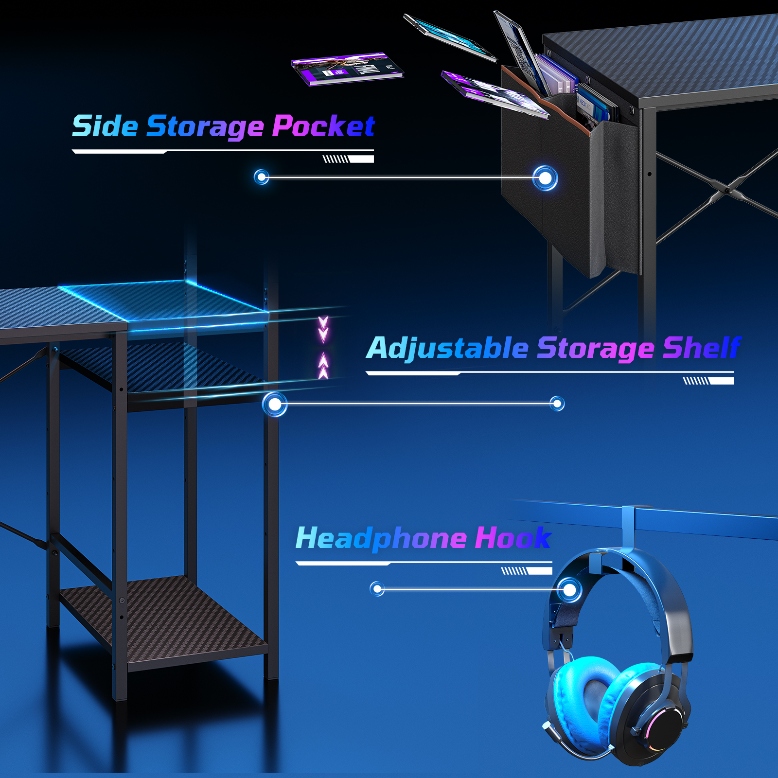 Bestier 44" Gaming Desk with LED Lights and Reversible Shelves photo 3