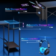 Bestier Gaming Desk with LED Lights, 44 Computer Desk with Reversible Shelves, PC Gamer Desk with Side Storage Bag, Hooks and Height Adjustable Shelf for Home Office, Carbon Fiber Black