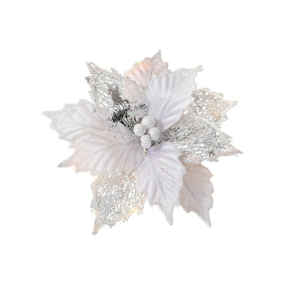 CuiLiyq Glitter Poinsettia Christmas Flowers, 9.5" Artificial Christmas Flowers for Christmas Tree Wreath Decoration, for Home Holiday Wedding Party Decoration (White)