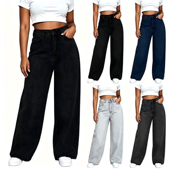 Tqcoqu Women's High Waist Button Fly Straight Leg Jeans,Loose Wide Leg Classic Denim Casual Trousers with Pockets,Black Women's XXS-XXXXL