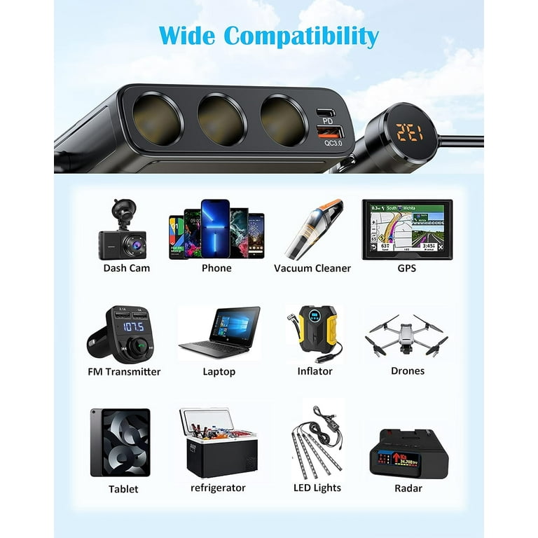 cigarette lighter splitter walmart 7 in 1 Cigarette Lighter Splitter, 3 Socket Car Charger Adapter, Type-C  QC3.0 PD 30W Charging, Dual USB Charging Ports, Independent Switches, LED