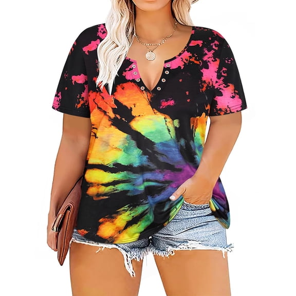TIYOMI Women Plus Size Tops Sun Tie Dye Sequin V Neck Spring Summer Short Sleeve Shirt XL 14/16 Plus