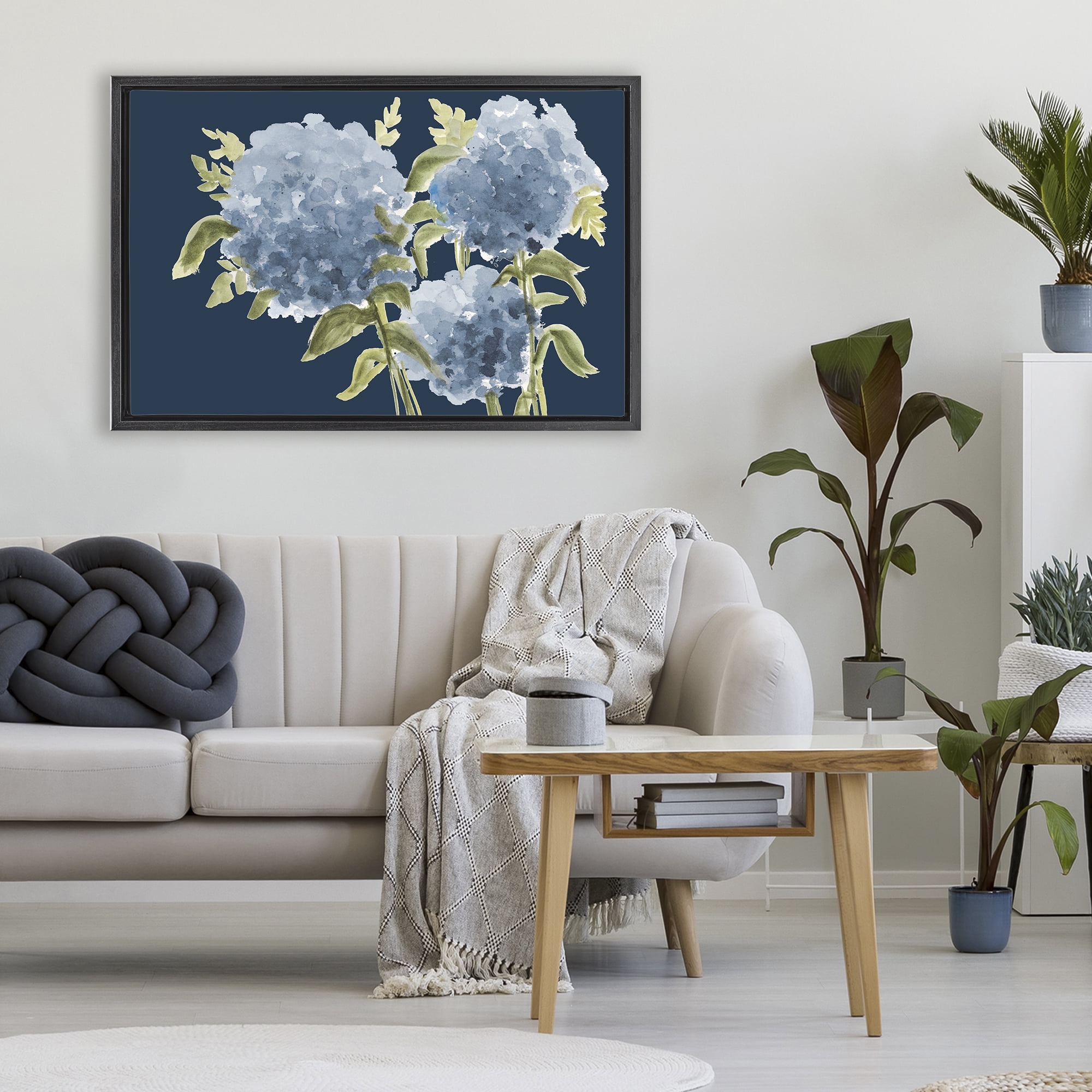 Stupell Industries Blue Hydrangeas on Indigo Black Framed Floater Canvas Wall Art, design by Janice Gaynor