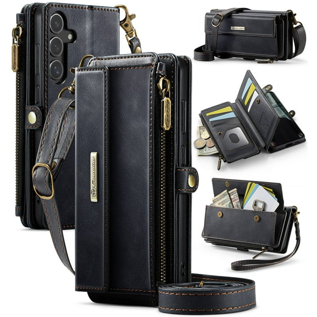 Funda Billetera para Samsung Galaxy S25 Plus, Funda de Cuero PU con Bloqueo RFID Para Mujer y Hombre, Funda abatible con Soporte, Correa para la Muñeca, Cremallera, Ranura para Tarjetero de Crédito