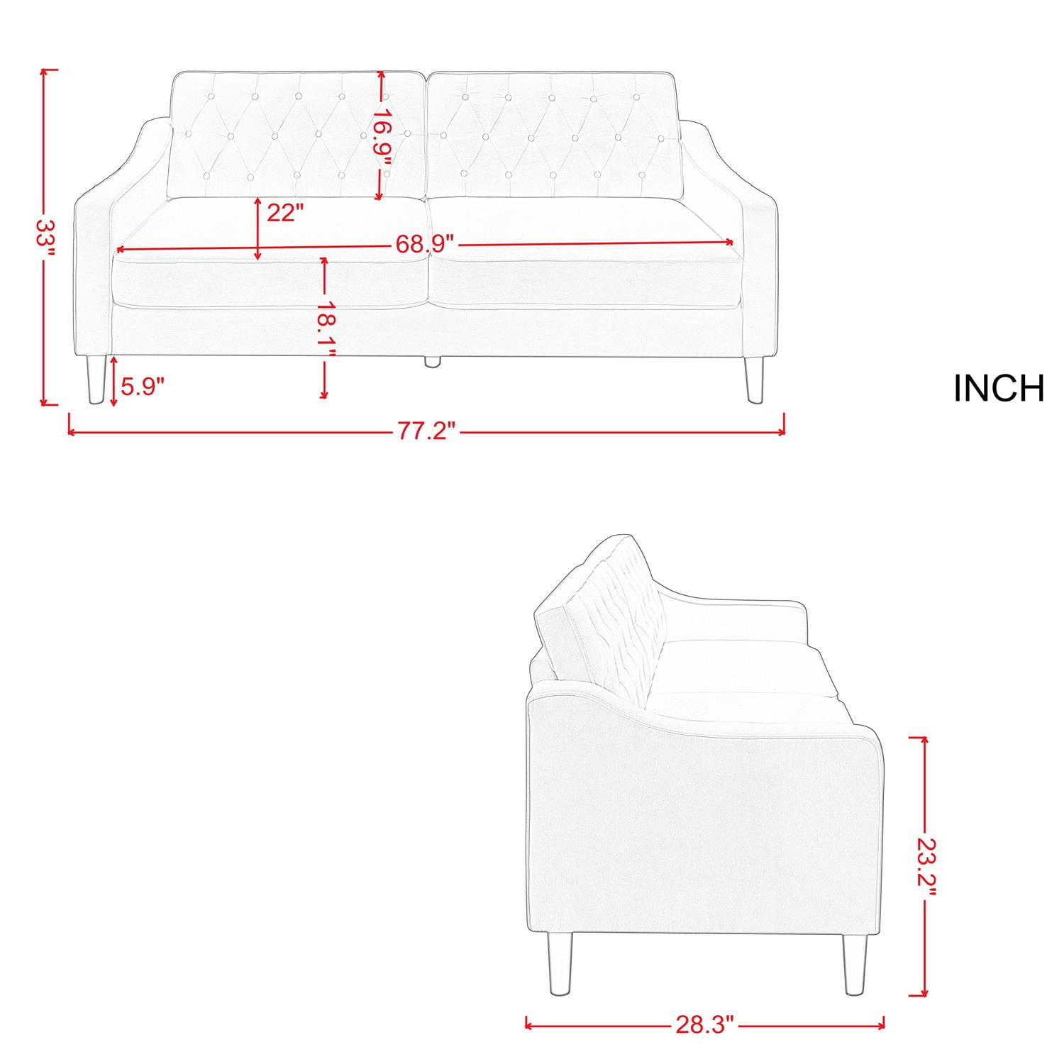 Resenkos 77" Upholstered Sofa Couch with Wood Leg, Square Arms and Tufted Back for Living Room, Bedroom, Apartment, Black