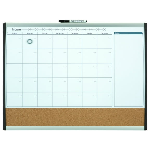Quartet Magnetic Combination Calendar Board, 17" x 23", Dry-Erase & Cork, 1-Month Design, Black and Silver Frame