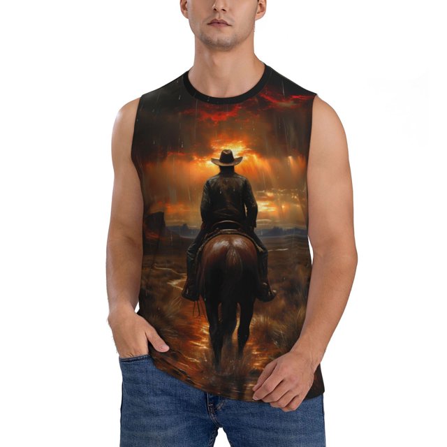 Balery Western Rainy Desert Cowboy Camisetas sin mangas para hombre, absorbe la humedad y protege contra el mal olor.-Large