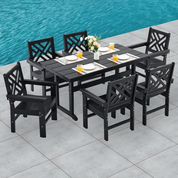 HDPE Dining Table Set for 6,7-Piece Outdoor Table and Chairs Include 6 Dining Chairs and 62.5" Patio Dining Table with Umbrella Hole (Black)