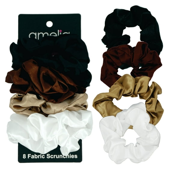 Amelia Beauty Products, Earth Mix Satin Scrunchies, 3.5in Diameter, Gentle on Hair, Strong Hold, No Snag, No Dents or Creases. 8 Pack