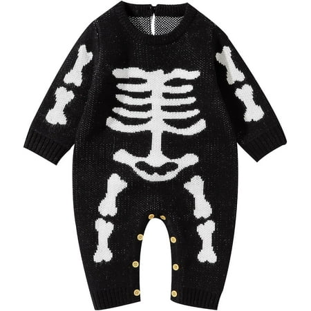 

Toddler Skeleton Costumes Long Knitted Sweater Romper Black White Bones Jumpsuit Baby Boy Girl Halloween Costume