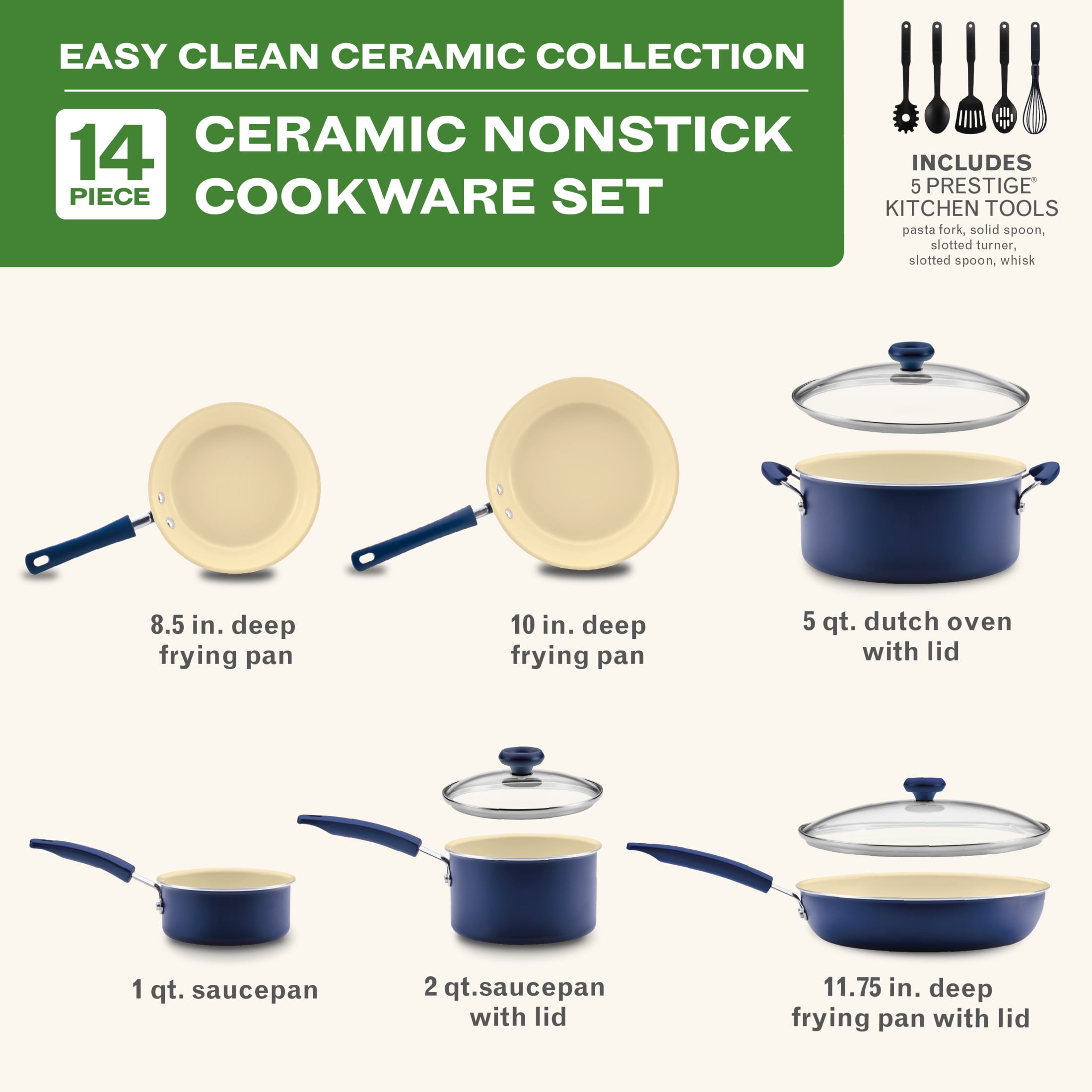 Farberware Easy Clean 14 Pcs Ceramic Nonstick Cookware Set with Cooking Tools, Dishwasher Safe, Blue