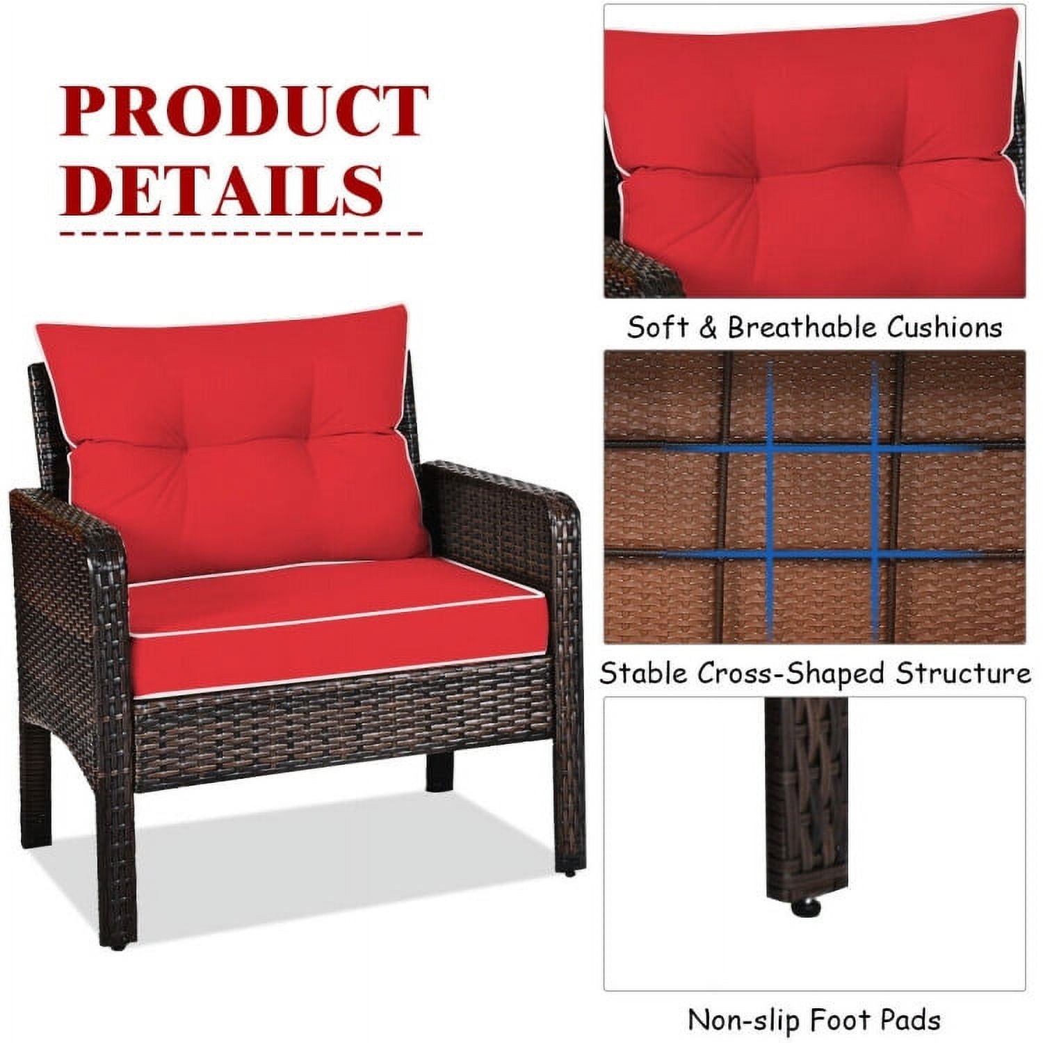 Aimee Lii 3 Pieces Outdoor Rattan Wicker Loveseat Furniture Set with Cushions, Small Patio Set, Red