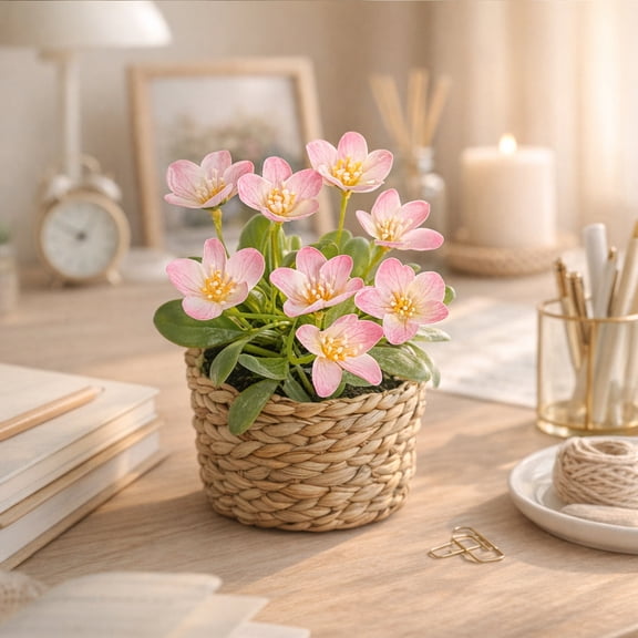 Artificial Potted Flowers with Woven Basket, Fake Floral Decor for Home, Patio & Tabletop