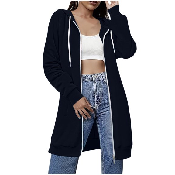 KIHOUT Women Casual Zip up Fleece Hoodies Tunic Sweatshirt Solid Color Tready Long Hoodie Jacket S-XXL
