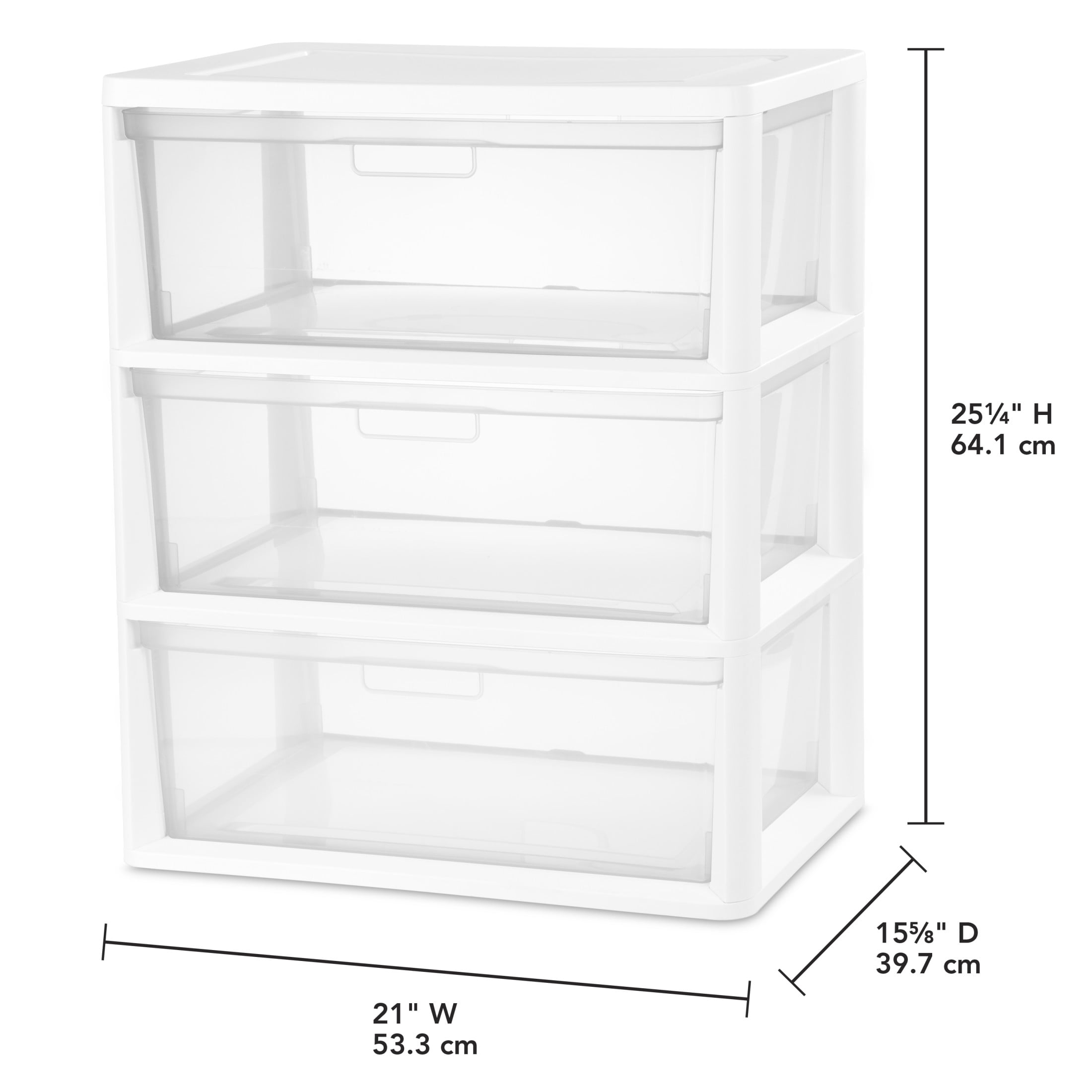 Sterilite Wide 3 Drawer Tower, Plastic Storage Organizer with Removable Clear Bins, Easy to Assemble - No Tools Needed, White