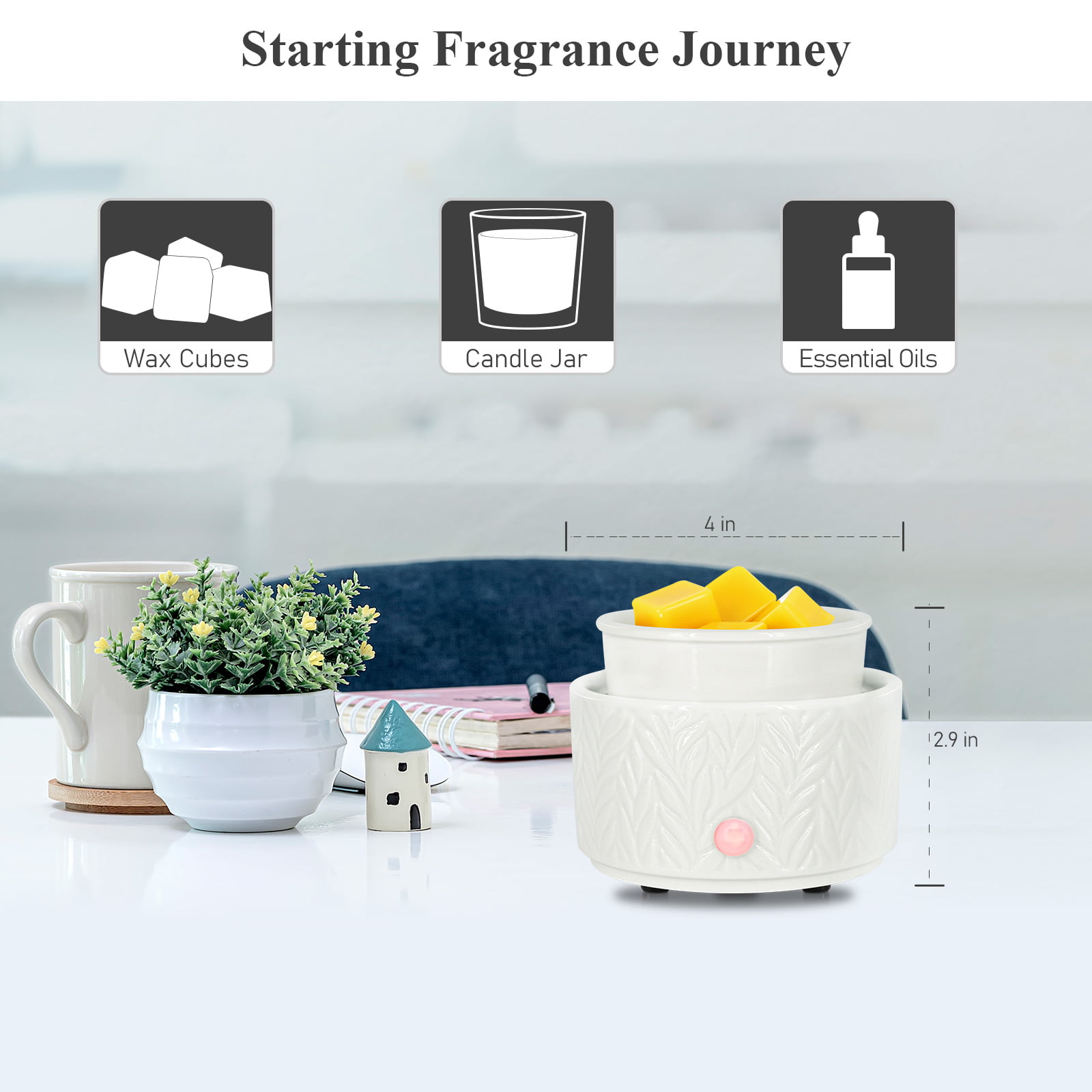 Wax Melt Warmer Ceramic 3- In- 1 Candle Wax Warmer Scented Melter Candle Fragrance Wax Burner for Home Office Bedroom Gift & Decor, White
