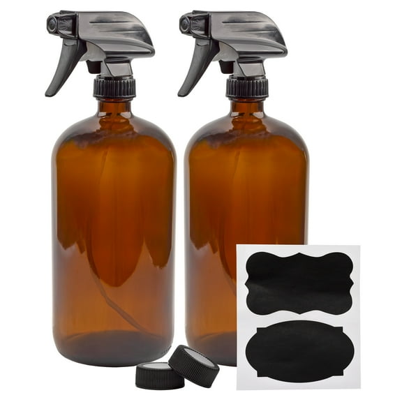 Cornucopia Brands 32oz Amber Glass Spray Bottles  (2-Pack); Brown Bottles w/ 3-Setting Trigger Sprayers; Includes Caps for Storage