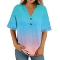 thumbnail image 3 of AOOCHASLIY Womens Summer Tops Rolled Short Sleeve V Neck Shirts Gradient Casual Dressy Business Work Blouses Outfits, 3 of 6