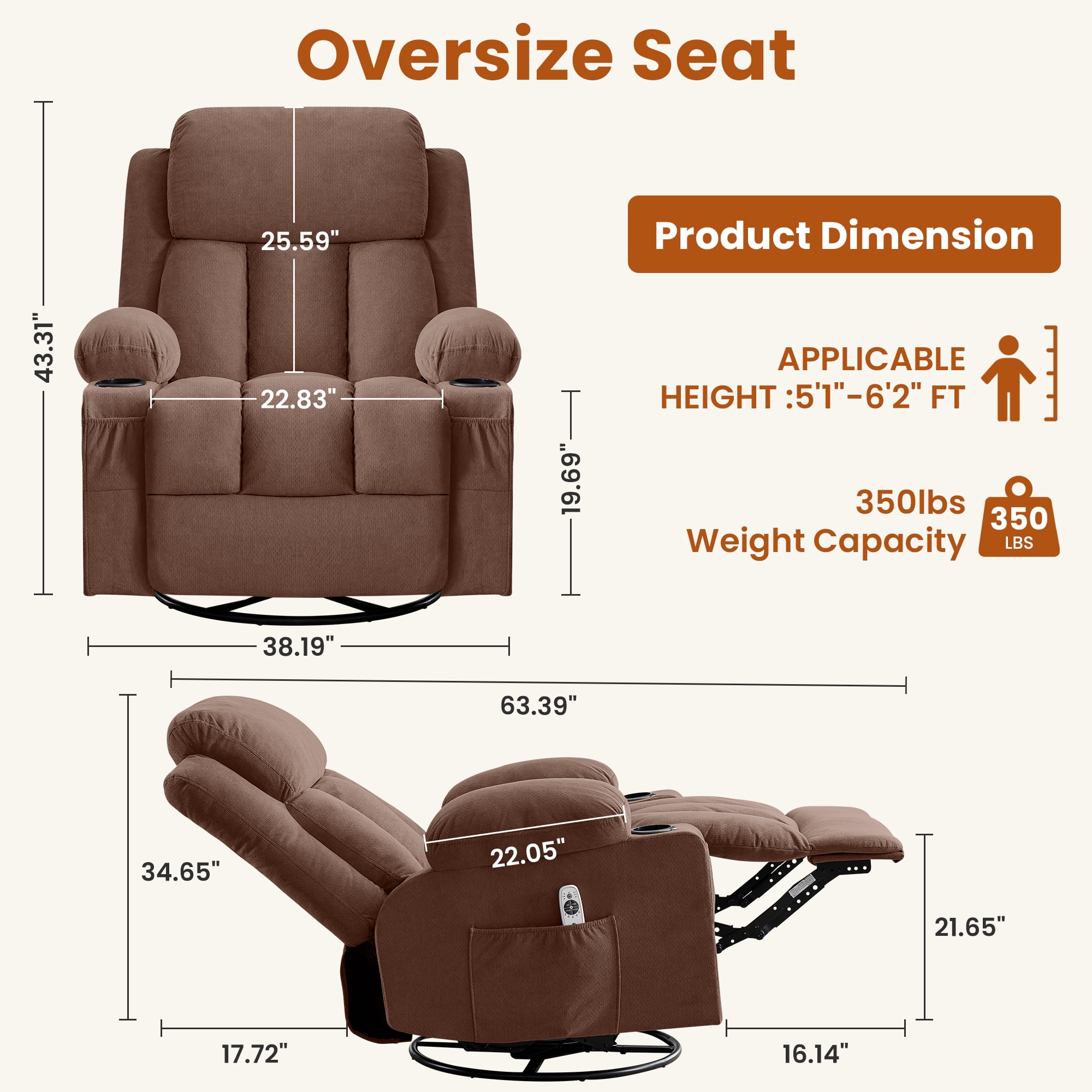 360° Swivel Rocker Manual Recliner Chair with Heat, Massage, USB Charge Port, cup holders