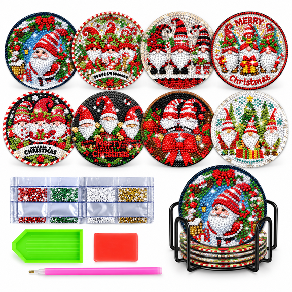 Christmas Diamond Painting Coasters Kit, 8 DIY Gnome Coasters with Holder