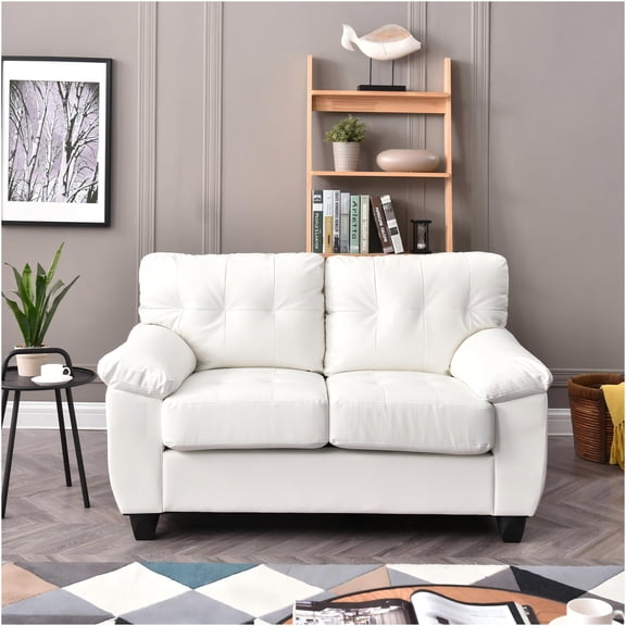 JERFIT Modern White Loveseat Sofa, PU Leather Small Couch with Foam Cushions for Living Room, Apartment