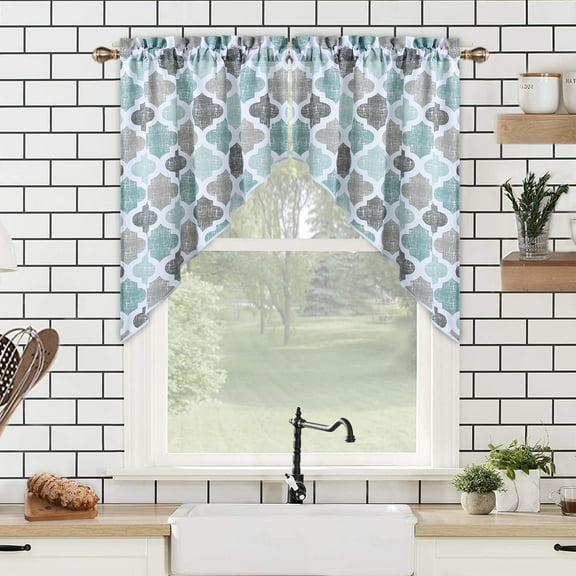 GlowSol 56"W x 36"L Swag Kitchen Curtain Valances Geometric Quatrefoil Trellis Printed Cotton Blend Blackout Tailored Kitchen Window, Teal/Gray