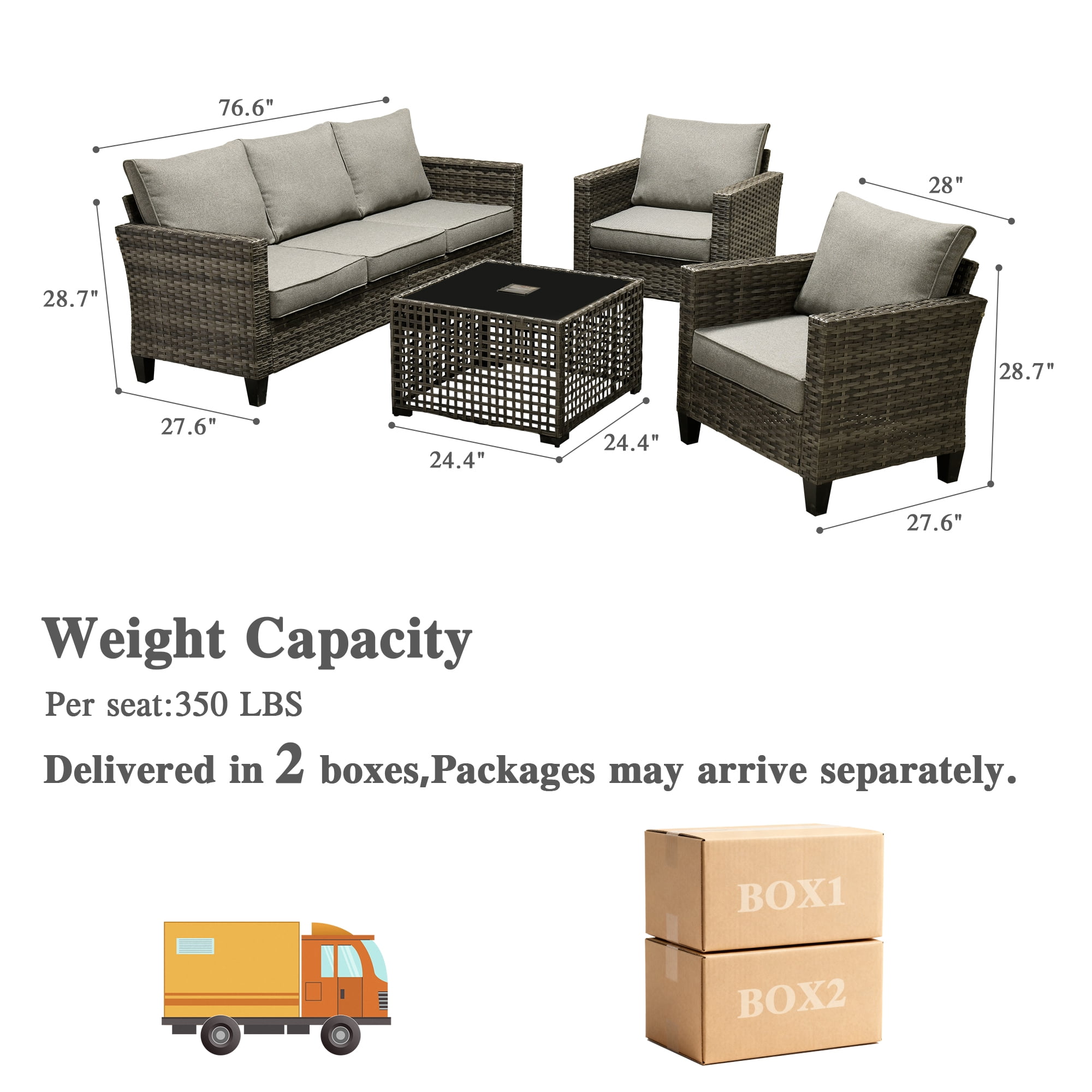 Ovios 4 Pieces Outdoor Patio Furniture Set with Lighted Coffee Table All-Weather Wicker Rattan Conversation Sofa Set, Dark Gray