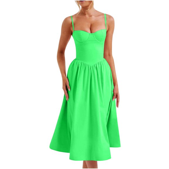 Elegant Sleeveless Midi Dresses for Women Solid Spaghetti Strap Sweetheart Neck Corset Dress Flowy Gathered Skirt for Party and Evening Wear