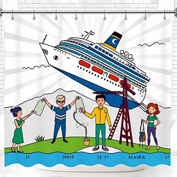 Whimsical Cruise Ship Shower Curtain with Cartoon Characters - Fun Alaska Travel Theme Decor